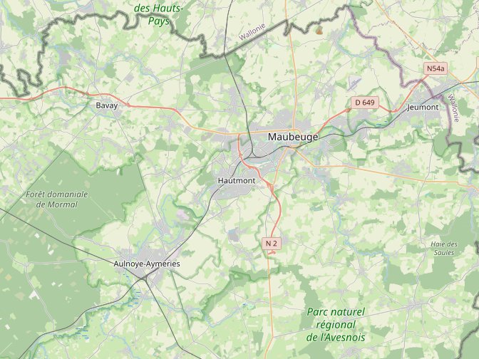 Carte des environs de Hautmont : Maubeuge, Louvroil, Bavay, Jeumont, Aulnoye-Aymeries et la forêt de Mormal